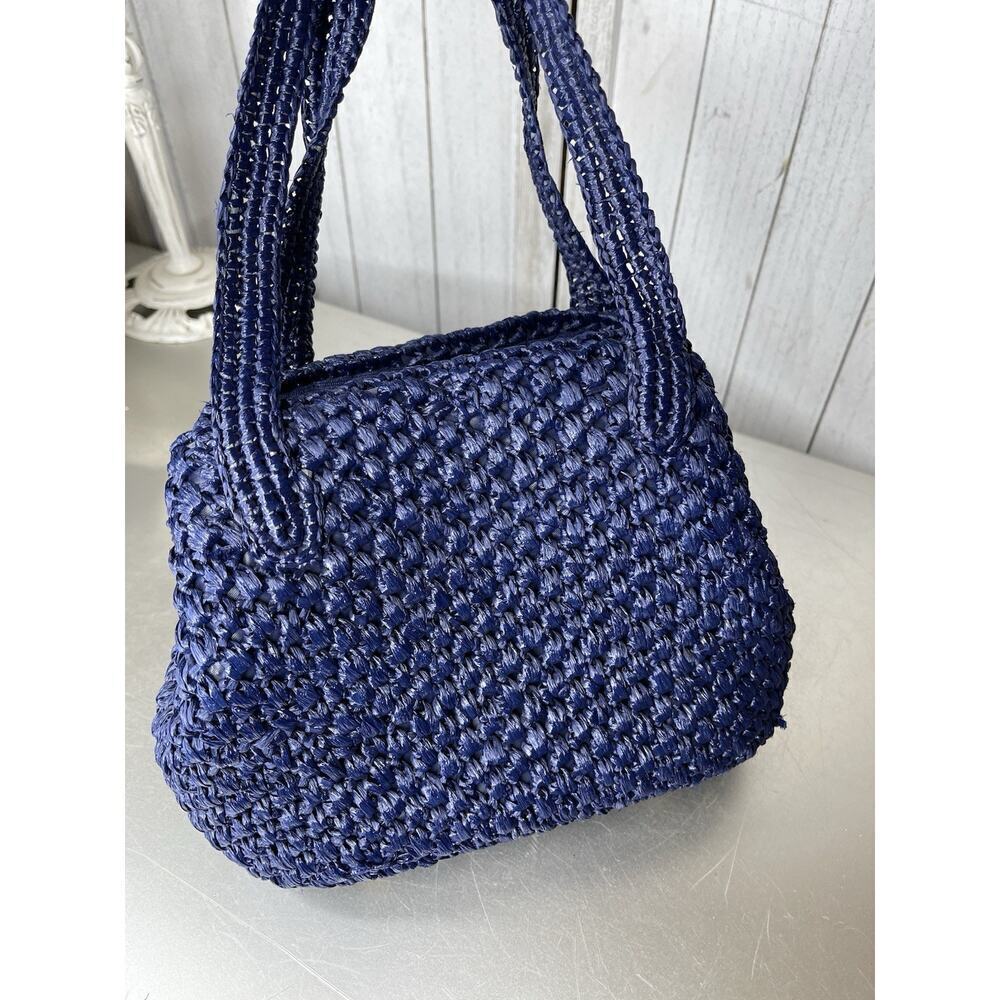 Vintage 70’s Shoulder Bag Navy Straw Top Handle Handbag Kisslock Interior